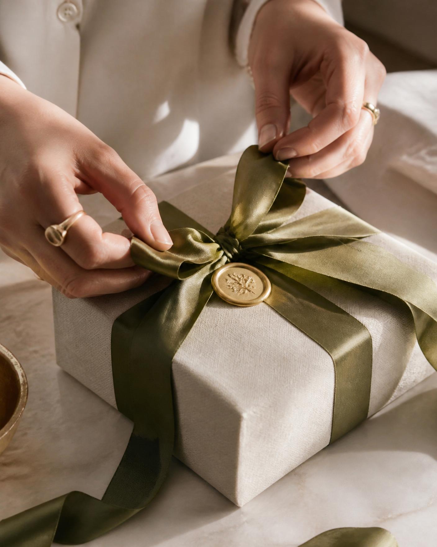Hands tying an olive silk ribbon around a linen wrapped gift with a gold wax seal